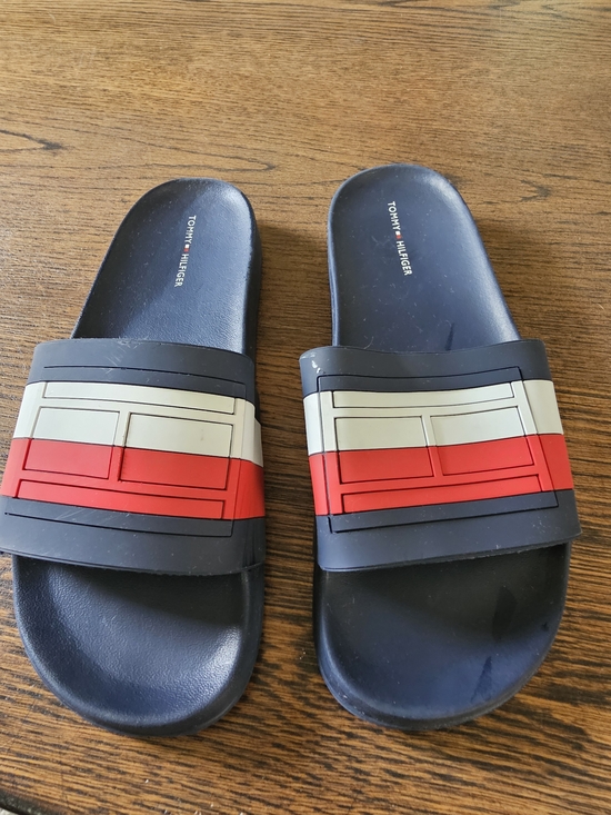 Tommy Hilfiger Shoes - Tommy Hilfiger Blue Slide Sandals with Red & White Stripe Size Womens 9